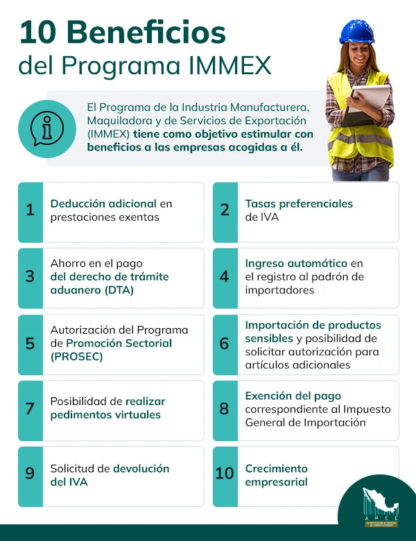 Diez beneficios del programa IMMEX en infografía con fondo blanco