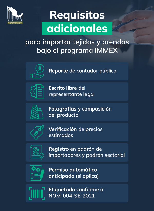 Infografía de los requisitos adicionales para importar tejidos y prendas bajo el IMMEX.