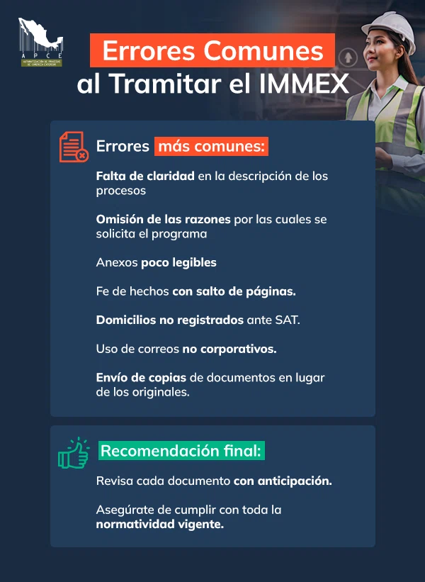 Infografía con los errores más comunes al tramitar el permiso IMMEX y cómo evitarlos.