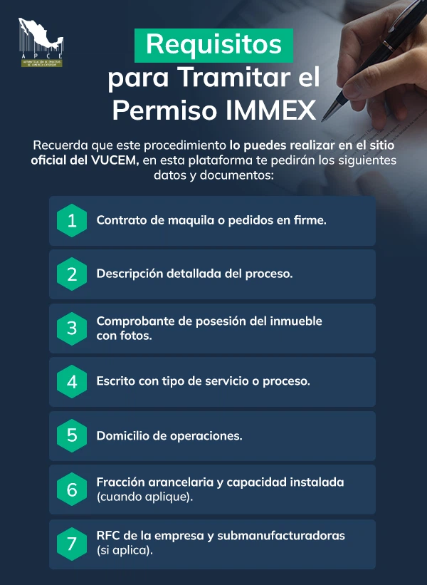 Infografía de los requisitos clave para tramitar y solicitar el permiso IMMEX ante VUCEM