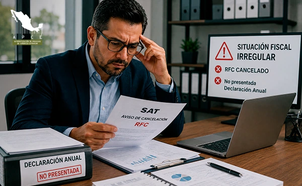 Hombre en su escritorio, con aviso de cancelación del RFC en mano.