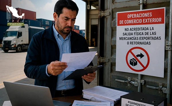 Hombre con documentos en mano, en un almacén de contenedores, junto a laptop y con un aviso de no acreditación de la salida física de mercancías exportadas o retornadas.
