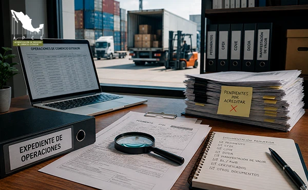 Escritorio de oficina con archivos de operaciones de comercio exterior, una laptop mostrando las operaciones, una lista de documentos requeridos, una nota de pendientes por acreditar y de fondo un camión con una carga de mercancía.