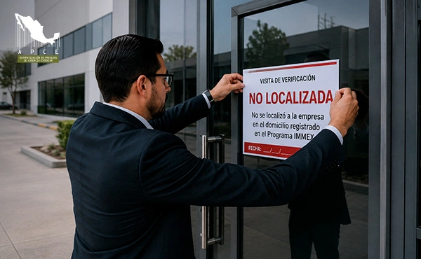 Hombre colocando un aviso en la puerta de un domicilio con la leyenda: "No localizada. No se encontró a la empresa en el domicilio registrado en el Programa IMMEX".