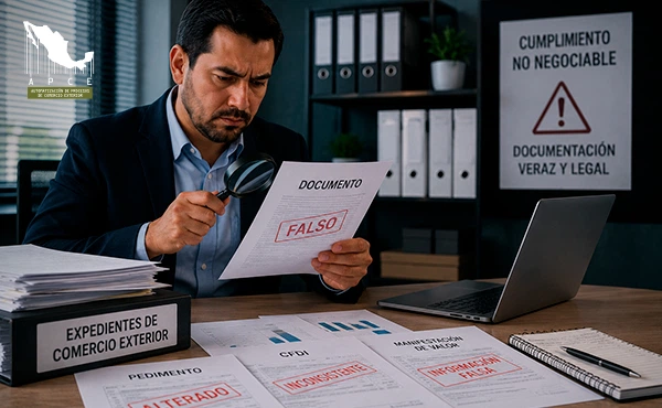 Supervisor en oficina, junto a expedientes de comercio exterior, revisando detalladamente documentos falsos o alterados.